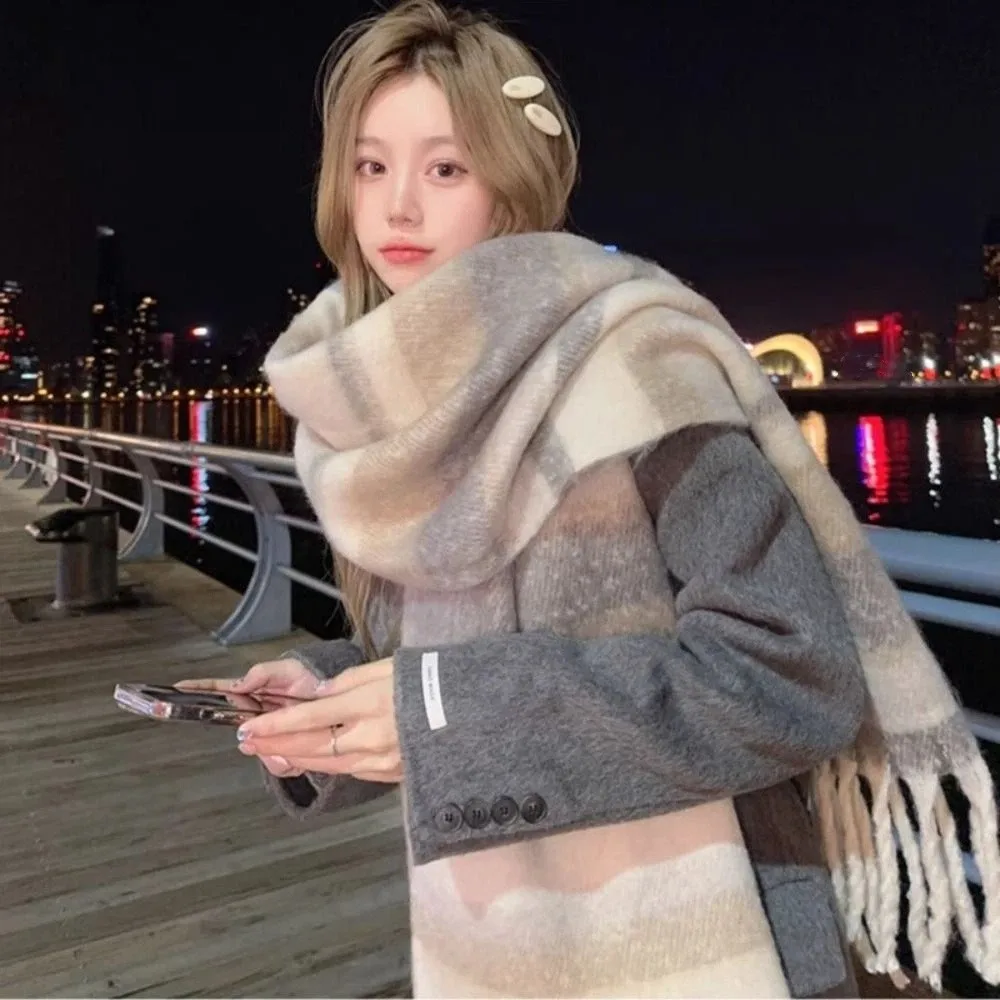 Retro Mohair Karierter Wollschal mit Quasten, Winter Kaschmirschals im Koreanischen Stil, Warmer Langer Schal für Mädchen – Detail 5