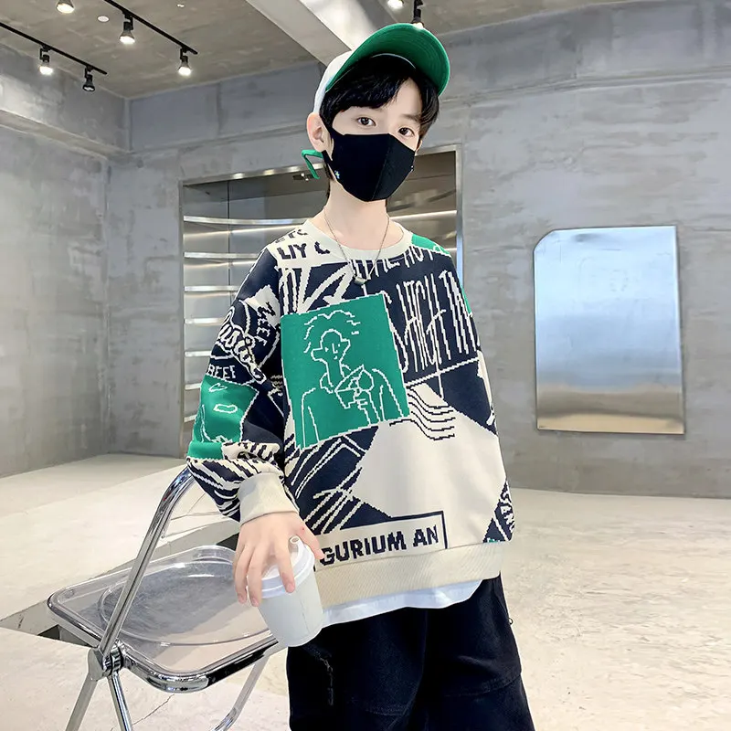 New Letter Print Boy Sweatshirts Children Long Sleeves Tee Top Kids Cool T-Shirt Teen Green Clothes 5 6 7 8 9 10 11 12 13 14Yrs