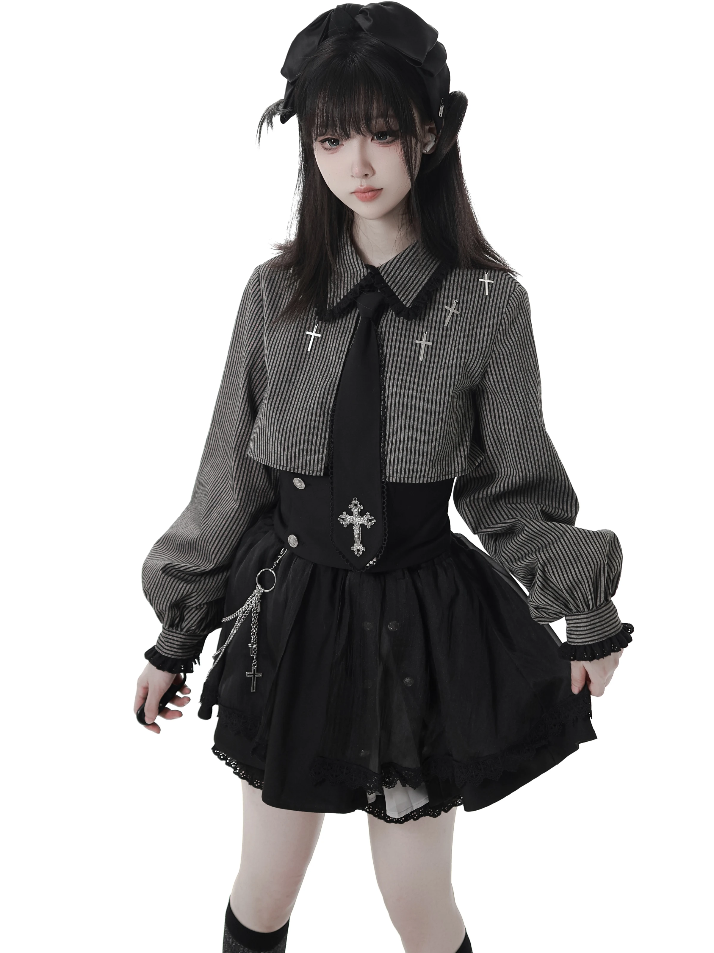 Striped Gothic Shirt and Tie Japanese Polo Collar Lantern Long Sleeve Single-Breasted Top Asymmetric Long Skirt Pants Women