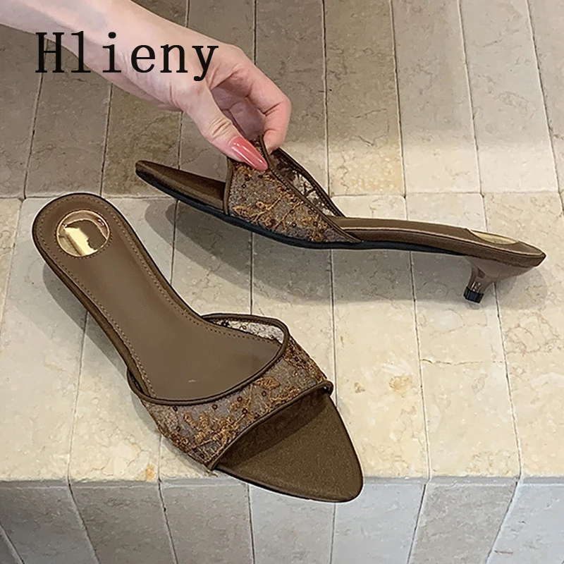 

Hlieny Summer Street Style Pointed Toe Hollow Out Mesh Women Slippers Fashion Thin Low Heels Banquet Dress Slides Shoes Sandals