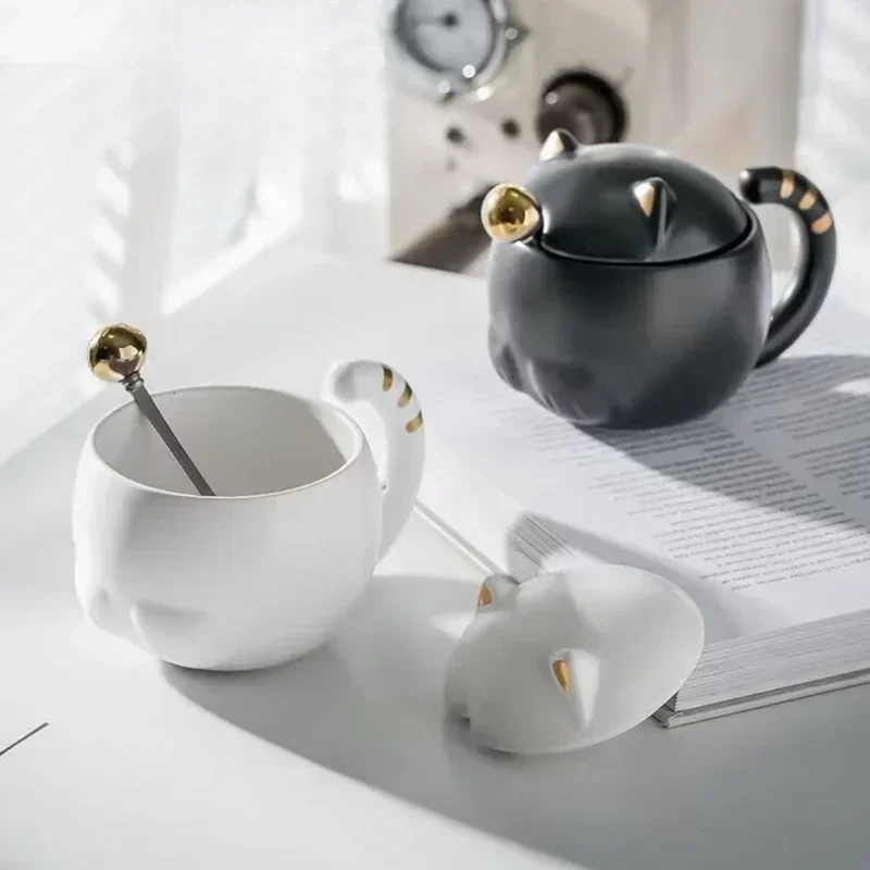 

350 мл креативная китайская шикарная керамическая кофейная кружка с котом, модная сетчатая красная чашка для напитков с крышкой, ложка, домашняя подарочная чашка для пары