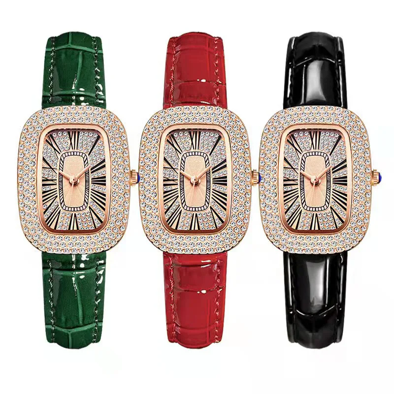 Fashion 2024 Luxury Women Green Watches Qualities Diamond Studded Quartz Watch Ladies Leather Wristwatches Elegant Montre Femme