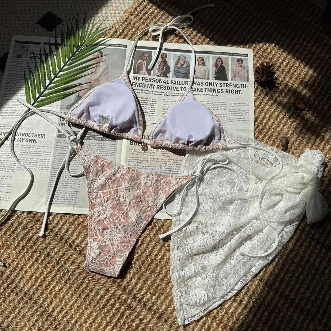 Netz-Sarong-Spitzen-Bikini mit Neckholder und hohem Beinausschnitt, Damen-Badeanzug, dreiteiliges Bikini-Set, Badebekleidung, Badeanzug, Schwimmanzug V6284H – Detail 20