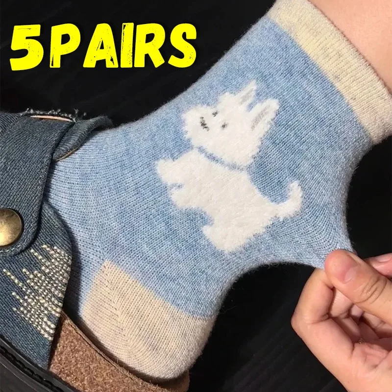 

1/5Pairs Winter Dog Socks Soft Plush Animal Design Flocked Kawaii Pattern Warm Mid Calf Stockings for Women Autumn Cotton