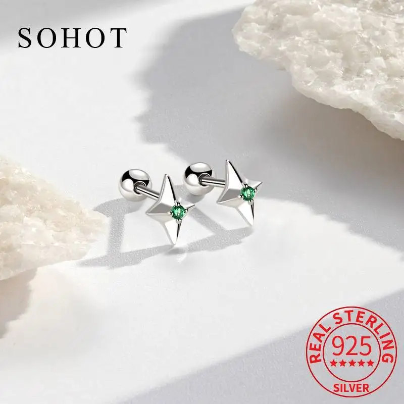 

Настоящее серебро 925 пробы, модные серьги-гвоздики с зеленым цирконием и звездами для очаровательных женщин, ювелирные изделия, винт для пирсинга, аксессуары из бисера