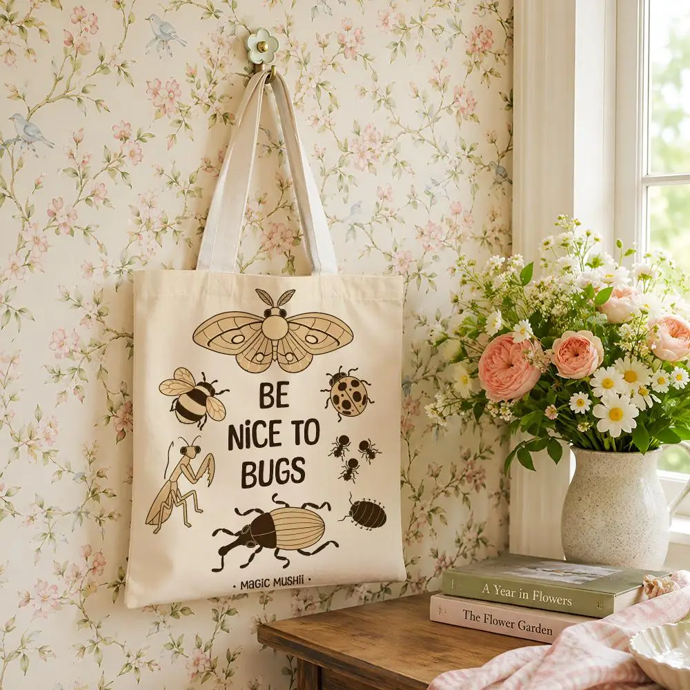 Be Nice to Bugs Insect Lover Canvas Tote Bag - Versatile Cute Storage for Shopping Work School Travel Daily Carry