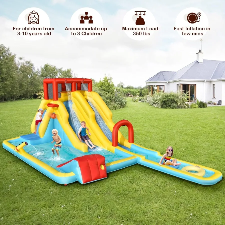 Corrediça de água inflável, casa de salto 7 em 1 com 2 slides parede de escalada respingo piscina aro de basquete pistola de água, parque aquático ao ar livre
