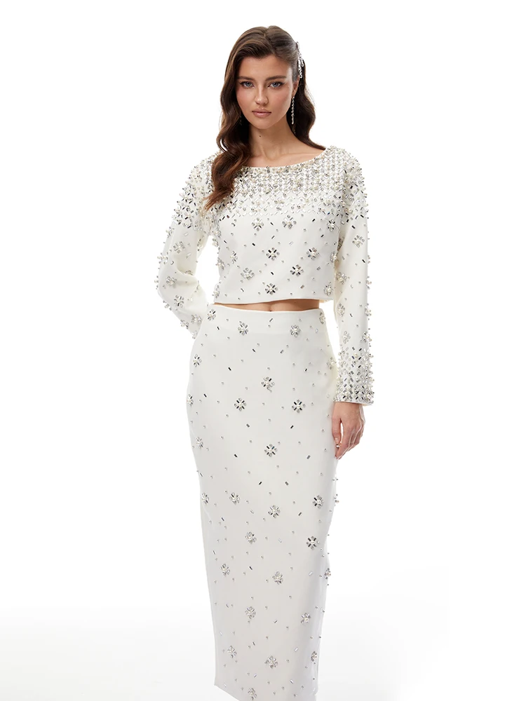 Rhinestone Two Piece Bandage Set Long Sleeve Crop Top & Maxi Bodycon Skirt Co-Ord Crystal Embellished Formal Evening Outfit
