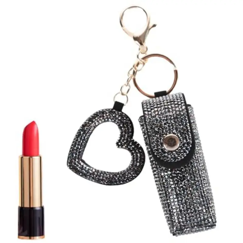 

Lipstick Organizer Keychain, Rhinestone Lipstick Case with Mirror for Women, Portable Lipstick Leather Holder Lip Gloss Bag Lip