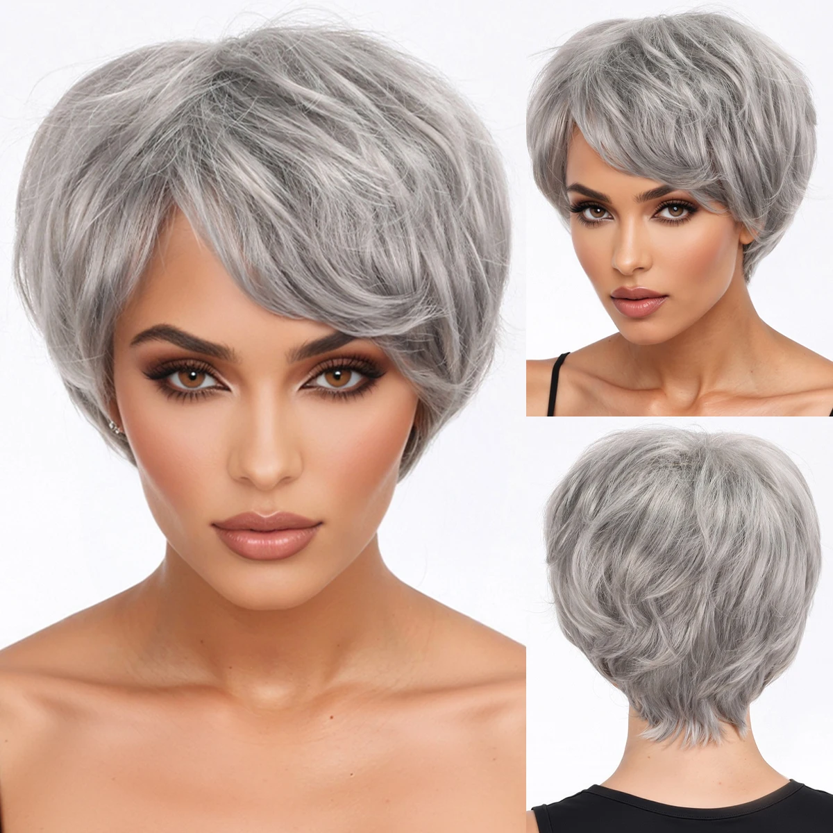 

Европейский и американский серебристо-серый градуированный парик для женщин с короткими прямыми волосами - парик из синтетического волокна