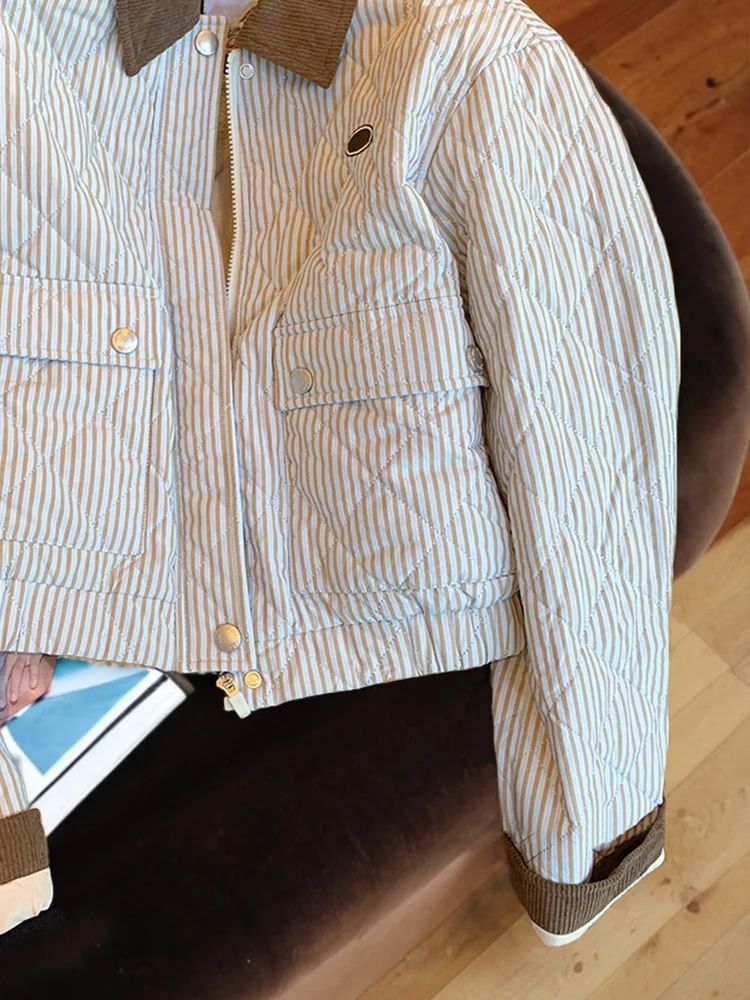 

Хлопковый дэт в полоску с воротником контрастного цвета в стиле ретро для мужчин и женщин, осень-зима, корейский дизайн, универсальный открытый кардиган, три...