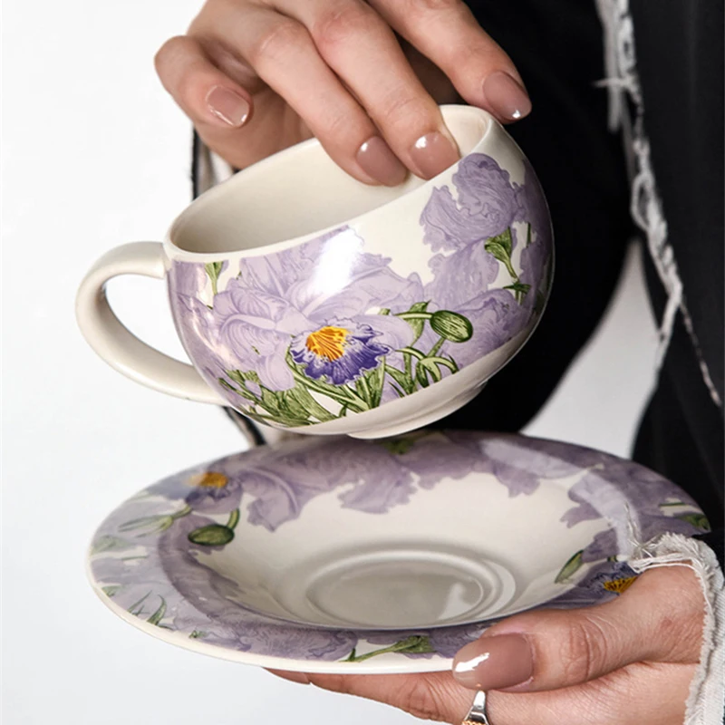 Ceramic Cup Saucer Set Purple Iris Flower Coffee Cup and Saucer Elegant French Afternoon Tea Mug Girl's Office Coffee Cup Gift