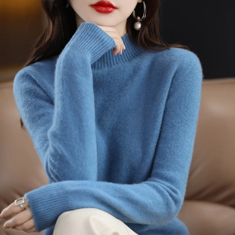 

Solid Color Seamless Base Pullovers Women Autumn Winter Half Turtleneck High Stretch Slimming Sweater Simple Warm Knitted Jumper
