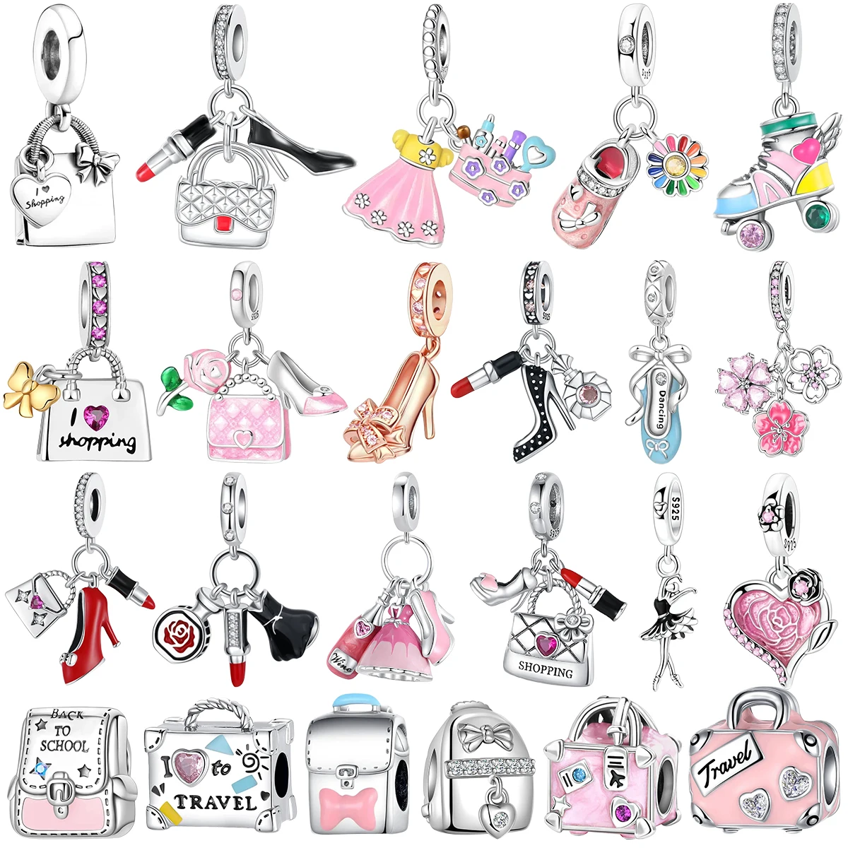 925 Sterling Silver Lipstick High Heels Handbag Charms Cute Pink Beads Beads Fit Bracelet Necklace Fine Jewelry Gift For Women