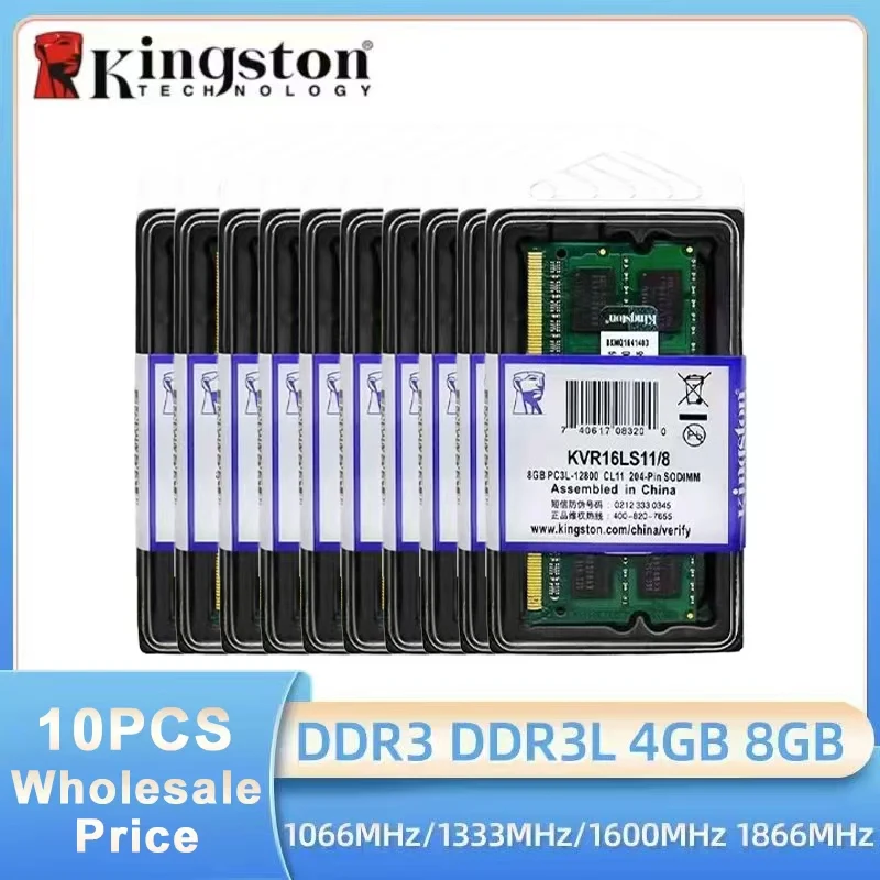10PCS Memória Kingston para Laptop RAM DDR3L DDR3 8GB 4GB 1333Mhz 1600Mhz 1866Mhz SO-DIMM PC3-10600 12800 14900 Notebook DDR3 DDR3L