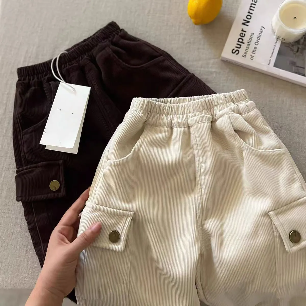 

Children's Corduroy Pants Autumn and Winter Thick Pants Winter Boys' Work Pants Baby One-piece Velvet Casual Pants Trendy