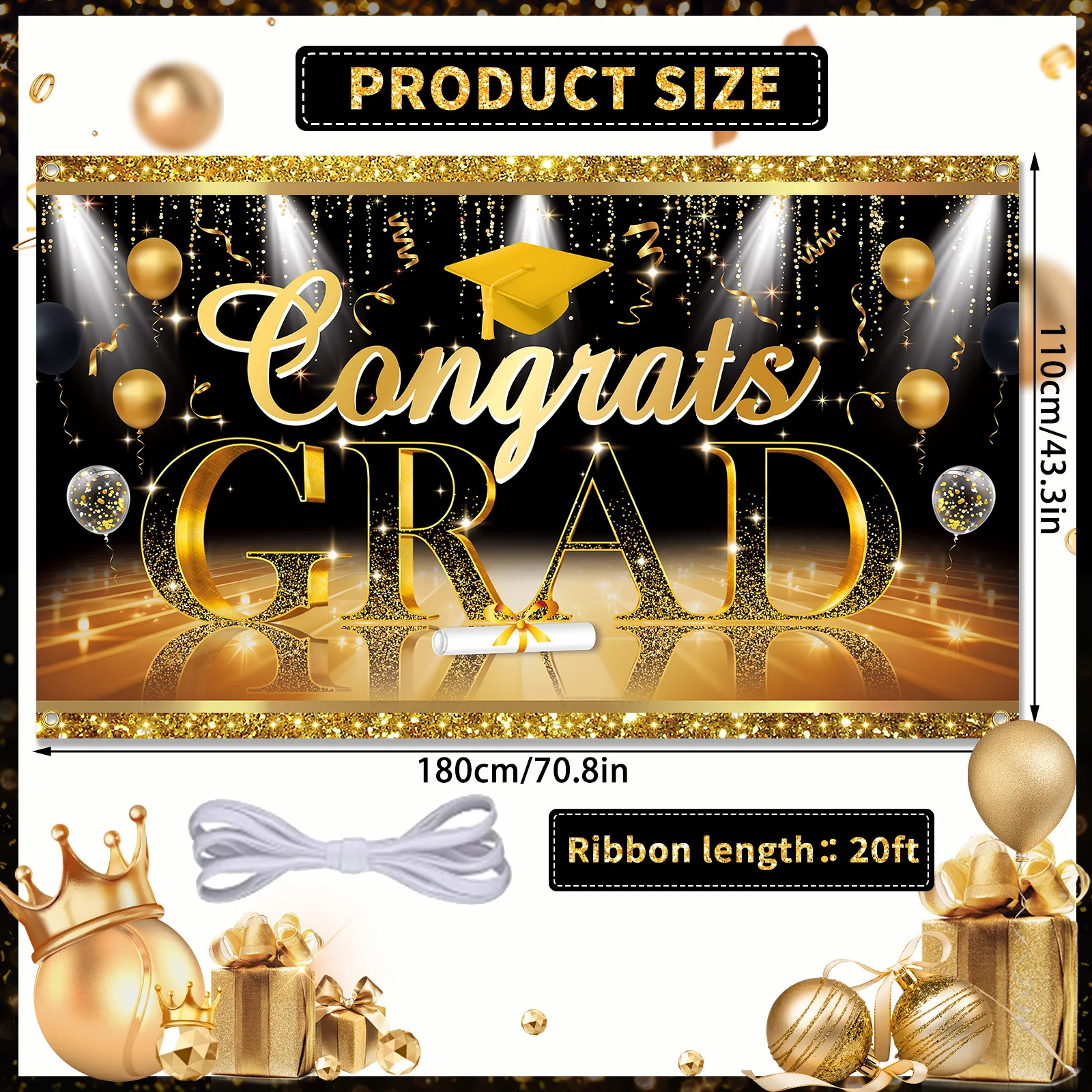 2024 New Layout Flag Graduation Season Photo Hanging Flag Black Gold Party Decorative Background Cloth