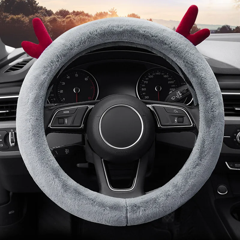 38cm Thickened plush steering wheel cover Fashionable deer antler handlebar cover winter Automotive Interior