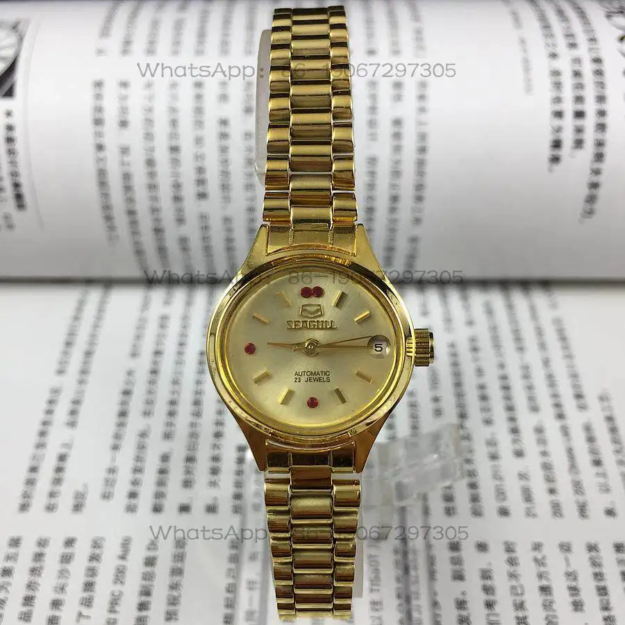 

Original stock, Seagull brand oval yellow shell strip nail red diamond surface automatic mechanical women's watch, diameter 25mm