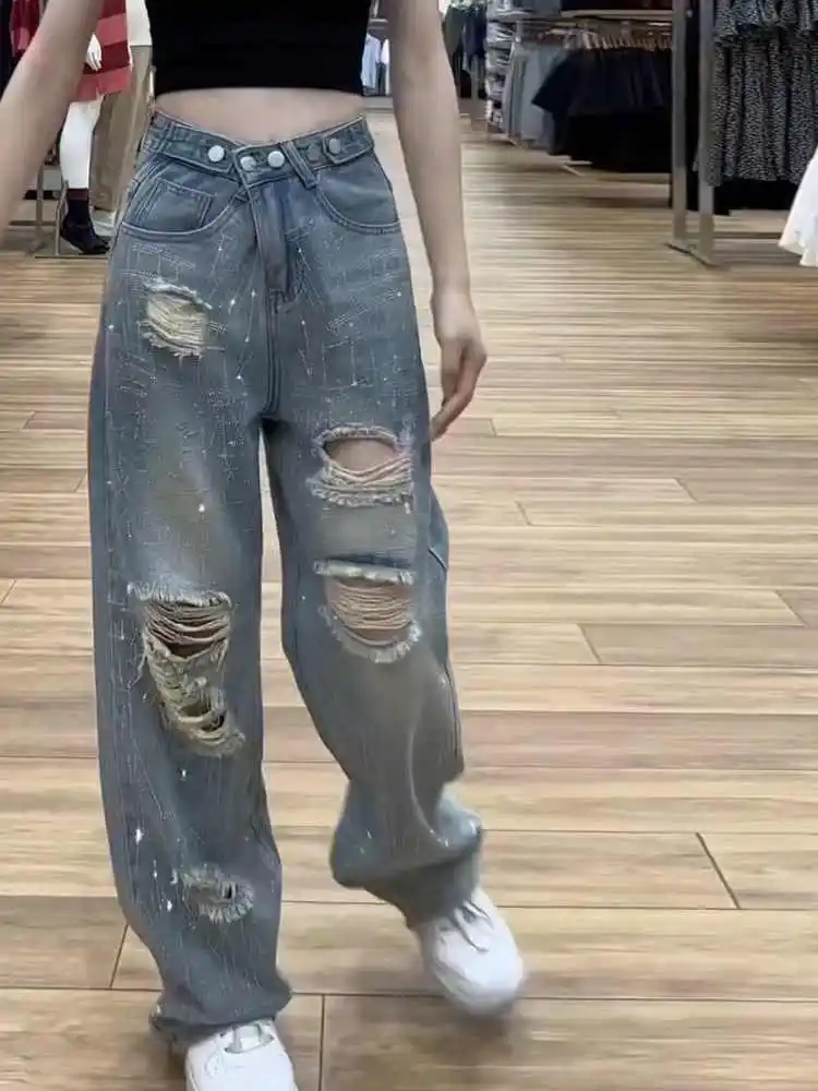 Zomer dames gescheurde diamanten jeans mode hoge taille losse wijde pijpen broek oversized vrouwelijke denim broek S-3XL