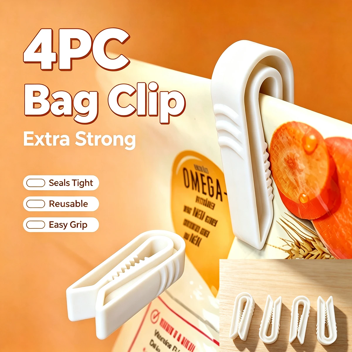 White 4-Pack Strong Food Sealing Clips, Serrated Non-Slip Snack Plastic Bag Sealing Clips, Kitchen Food Preservation Moisture-Proof Bag Clips