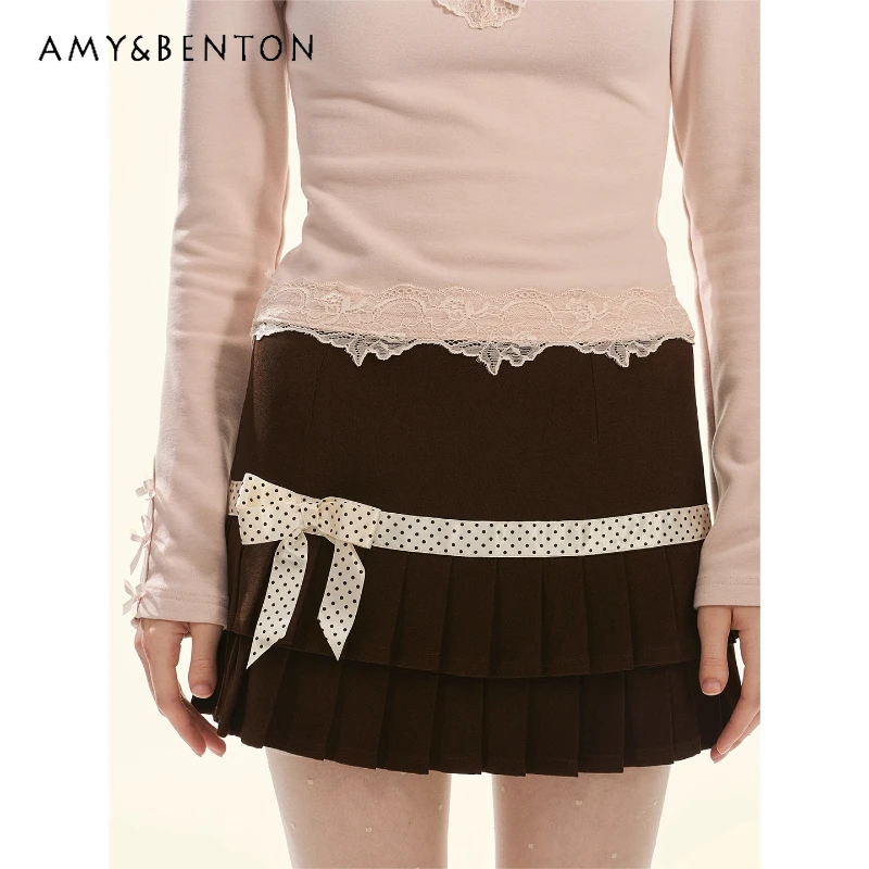 Vintage Design Polka Dot Cute Bow Splicing Women's Pleated Skirt 2025 Autumn New Sweet Y2k Versatile Low-rise Mini Skirts Ladies