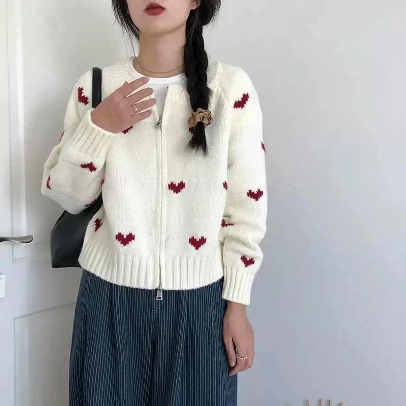 Deeptown White Vintage Women Knit Cardigan Love Embroidery Korean Fashion Long Sleeve Sweaters Slim Autumn Winter Kawaii Sweet