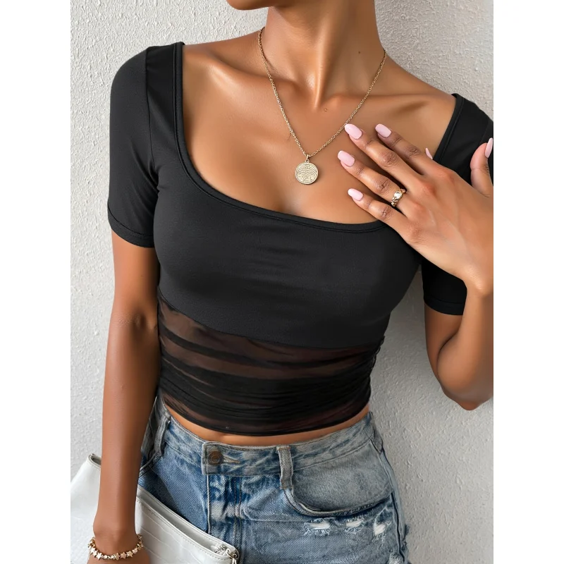 

[Elegant Women's Tee] Semi-Sheer Black Women's Elegant Cropped-Shirt | Summer Short Sleeve Top with Large Round Neck,