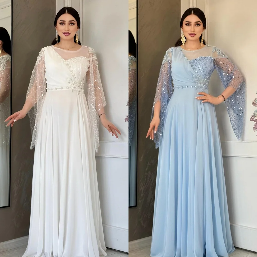 

Customized High Quality Exquisite Chiffon Beading Sequined Rhinestone A-line O-Neck Long Dresses Bespoke Occasion Dresses Retro