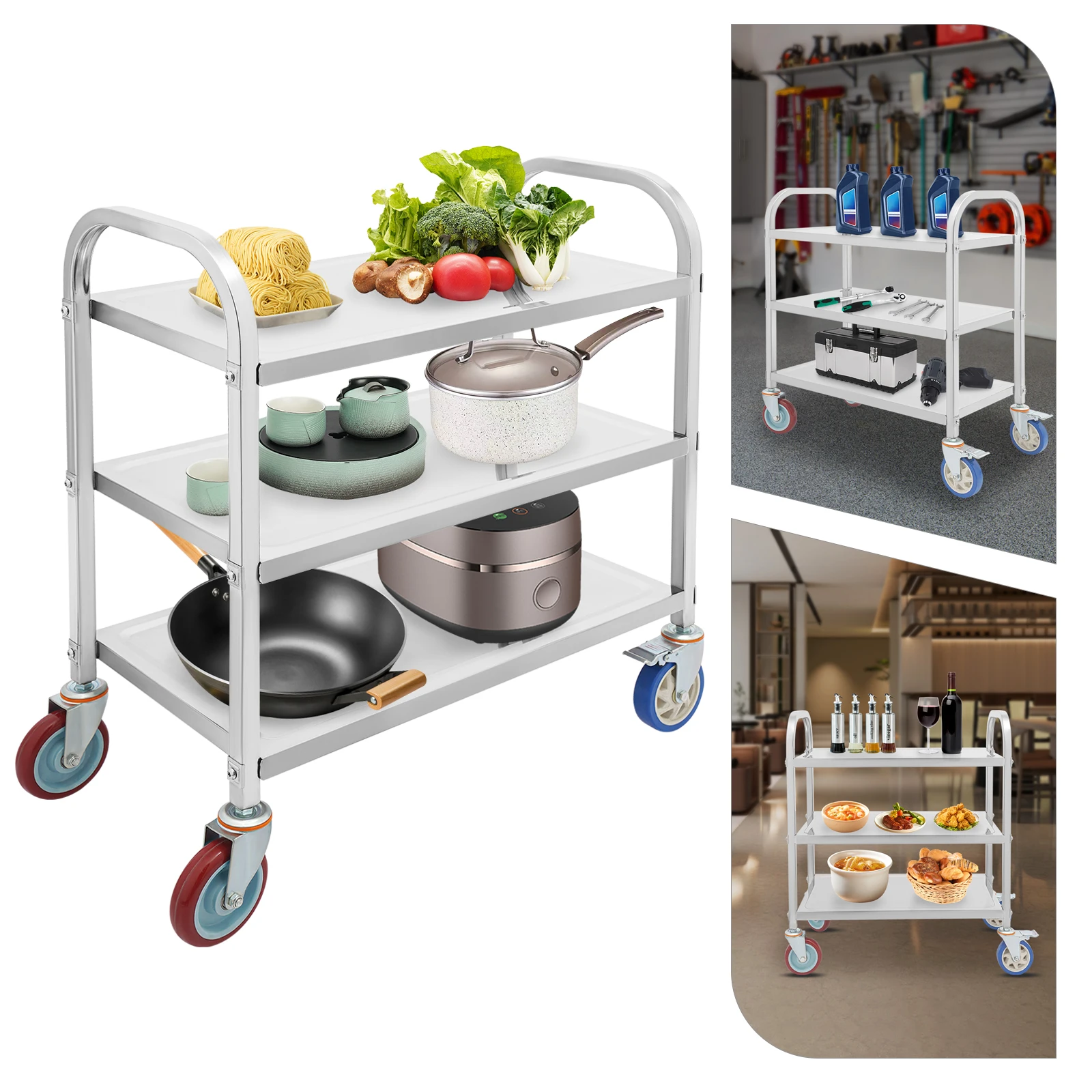 Stainless Steel Kitchen Cart, 3-Tier Mobile Workstation with Locking Wheels, 400LB Capacity for Restaurant/Home/Hotel/Café Use