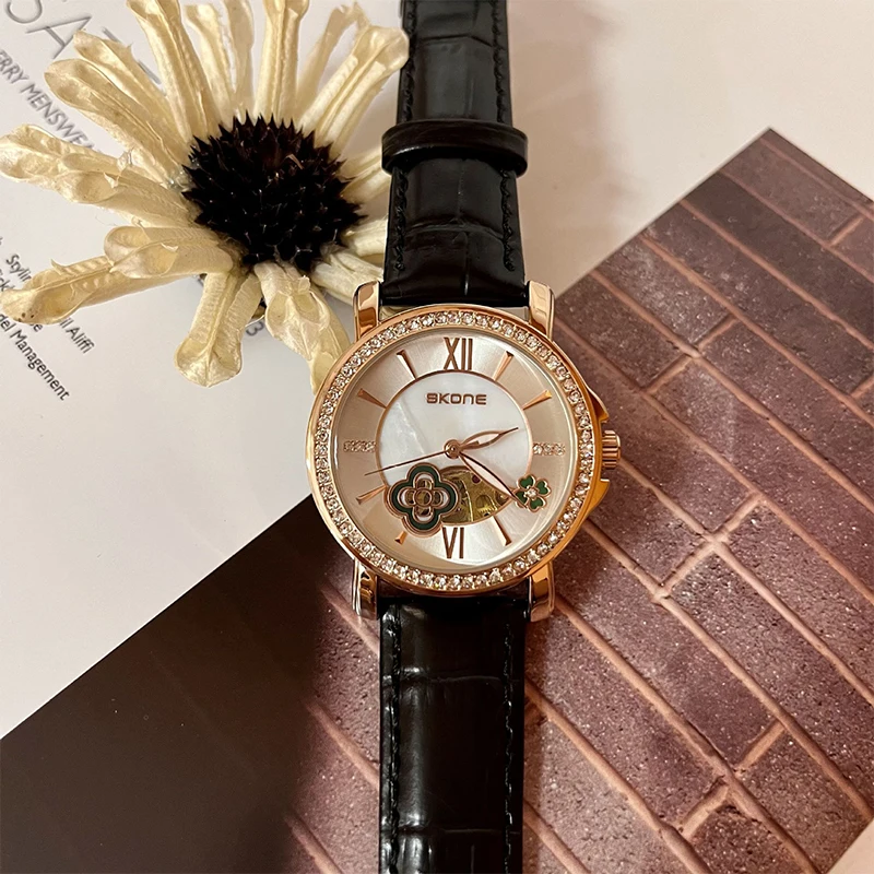 SKONE New Women's Fashion Four Leaf Hollow Fully Automatic Mechanical Watch Belt Waterproof Women's Watch