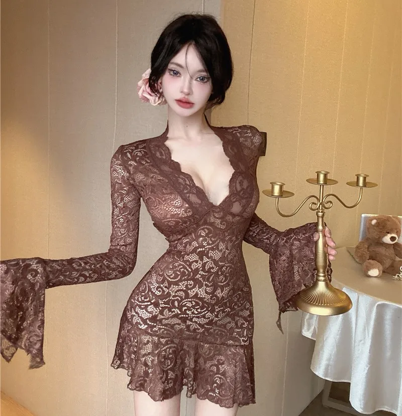 مثير المنخفضة قطع الخامس الرقبة الدانتيل الخصر cinching التخسيس غير النظامية متوهج كم مزاجه اللباس #1