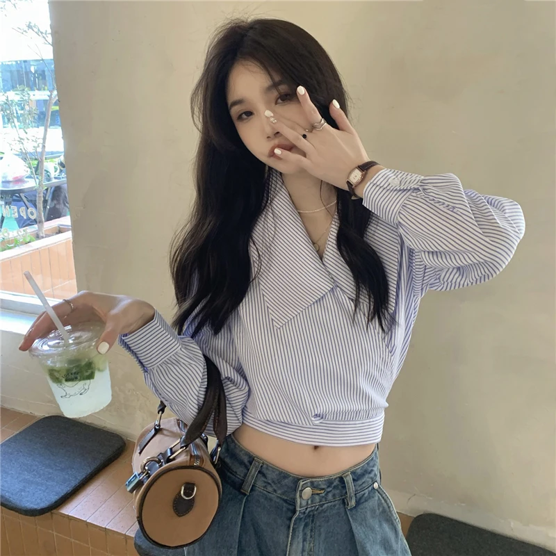 Striped Women Shirts Korean Bow Lace Up Slim Female Casual Blouse Autumn New Preppy Style Sweet Chic Ladies Crop Tops