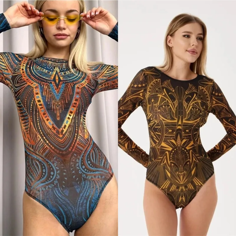 

Цельный купальник в стиле ретро с длинными рукавами, сексуальный сетчатый принт, женский купальник с высокой талией, летний пляжный купальник-бикини, разноцветные варианты