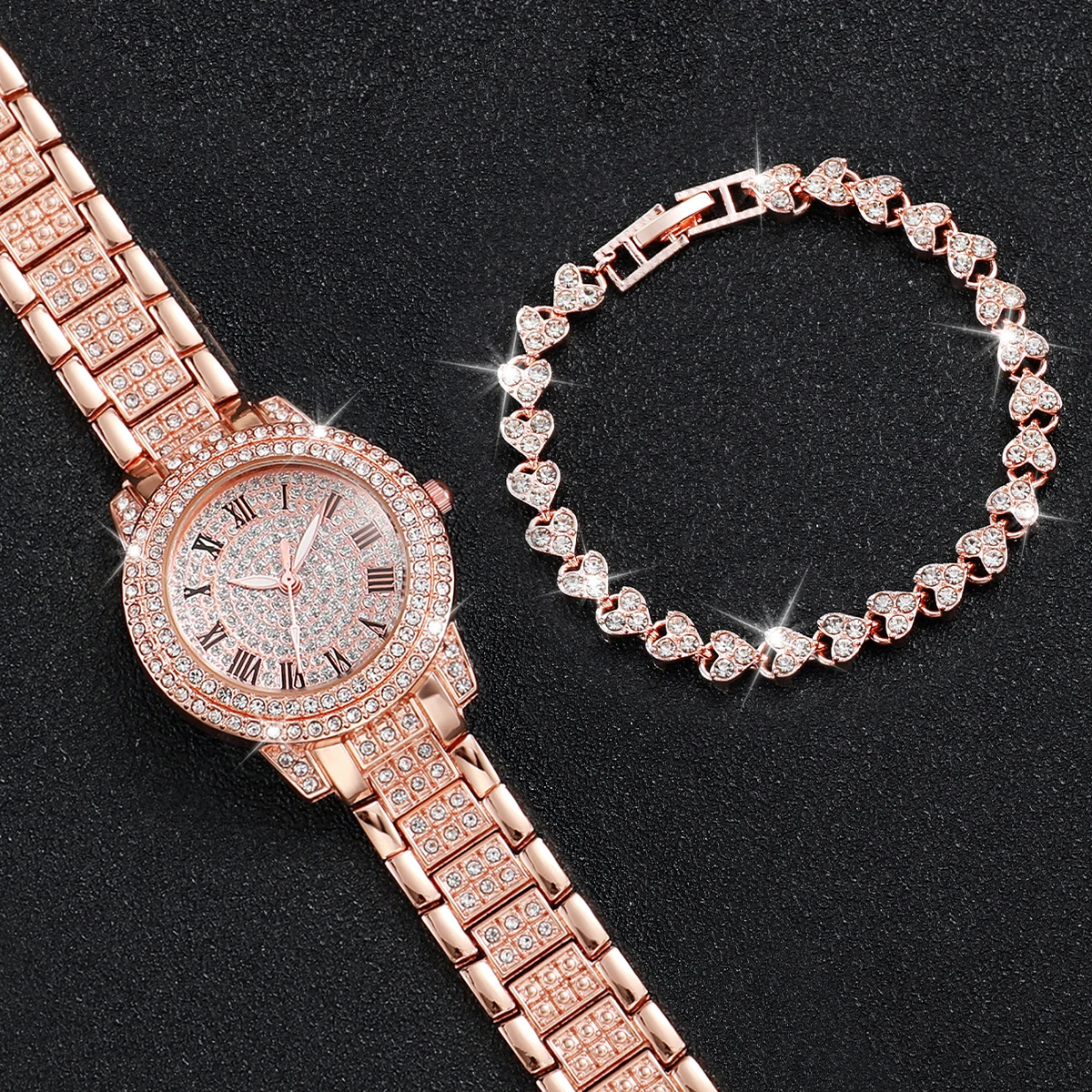 2 Stks/set Dameshorloge Luxe Diamantset Engelse Roségouden Stalen Riemhorloge Love Diamond Armband