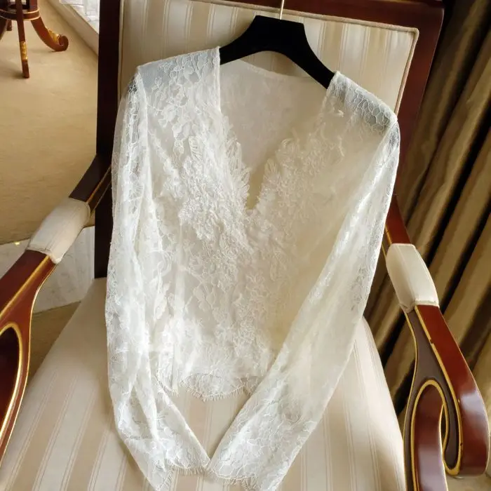 

Весенне-осенняя кружевная рубашка с v-образным вырезом, новинка 2025 года, стильный универсальный кружевной топ с длинными рукавами для женщин