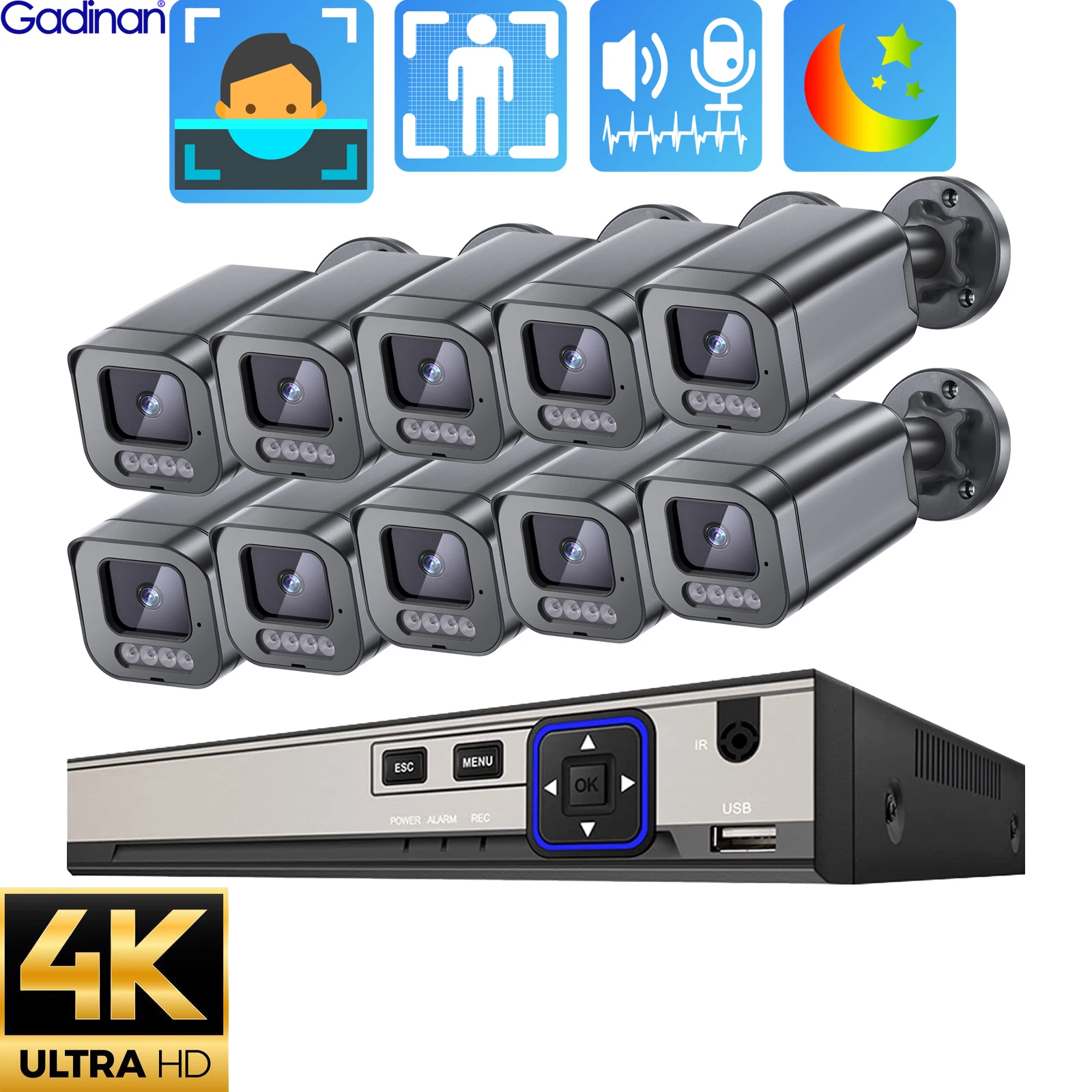 Gadinan 8MP POE CCTV Security Camera System 10CH 8CH 4CH 4K NVR Smart AI Face Detect 2-Way Audio Outdoor Video Surveillance Kits