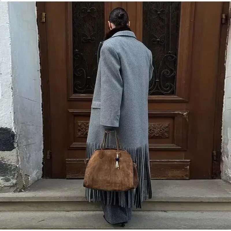 معطف صوفي نسائي شرابات معطف بدوره إلى أسفل طوق مزدوج ومفرد الصدر جيب سترة سيدة خريف شتاء ملابس خارجية أنيقة #3