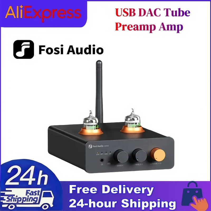 Fosi Audio GR40 Bluetooth USB DAC مضخم ضوت سماعات الأذن أنبوب Preamp ومضخم سماعة الرأس مع أنابيب 5654 وات مدمجة مع V3، ZA3