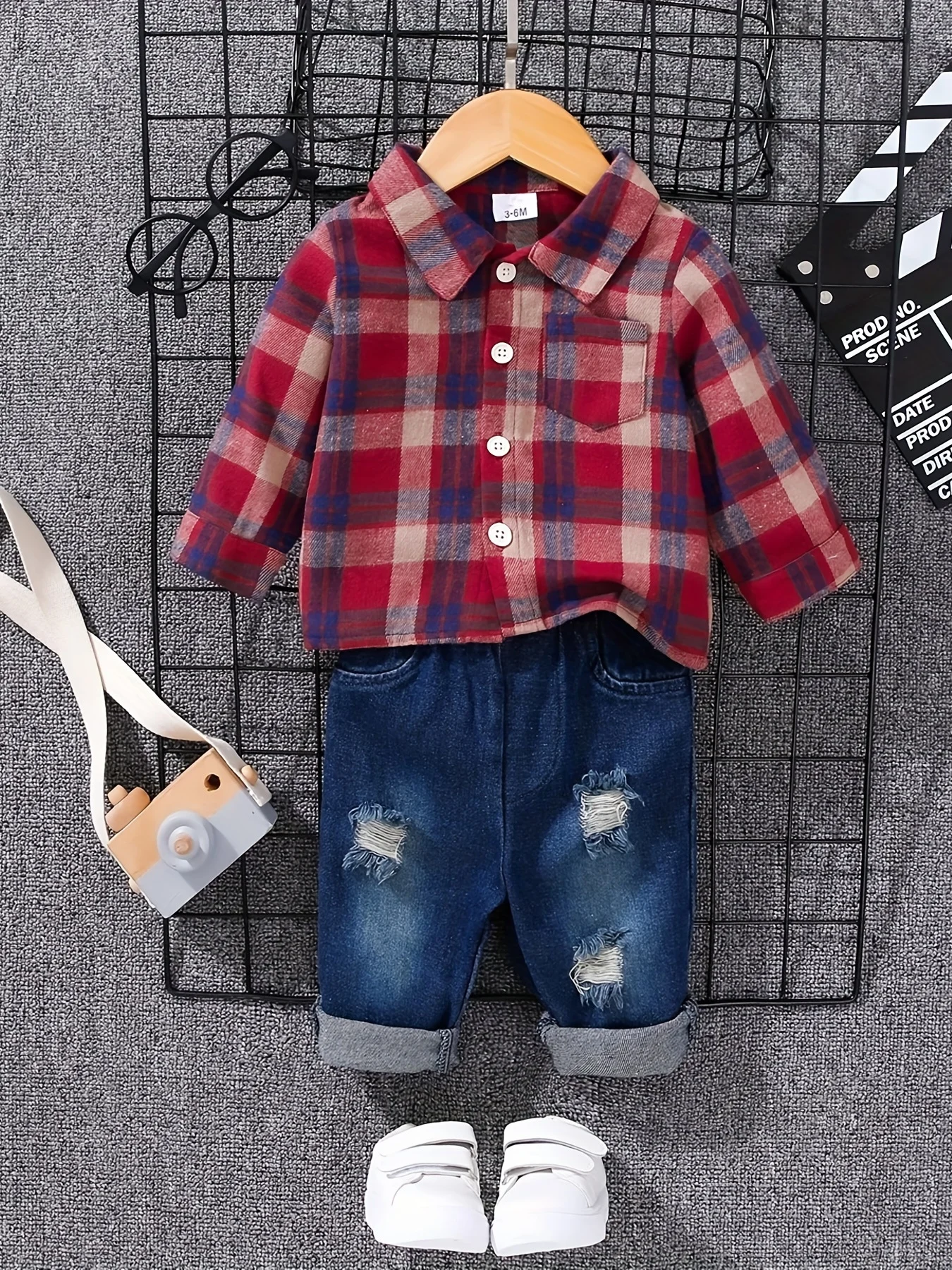 

Boys' Spring Autumn Tartan Polo Shirt +-denim Long Trousers Two-piece Casual Outfit Boys Tweed Check Shirt