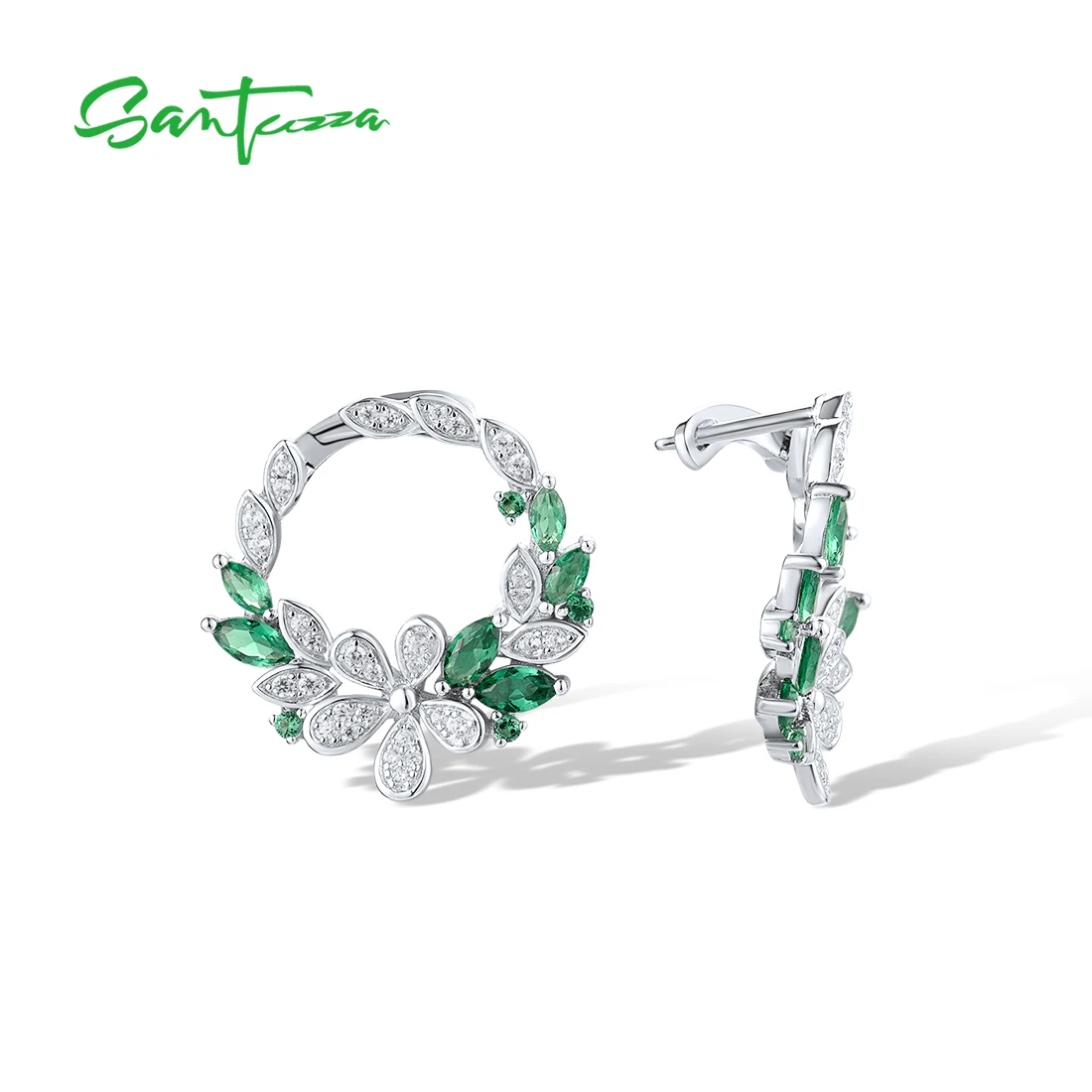 SANTUZZA Real 925 Sterling Silver Earrings For Women Sparkling White CZ Green Spinel Flower Leaves Elegant Party Fine Jewelry