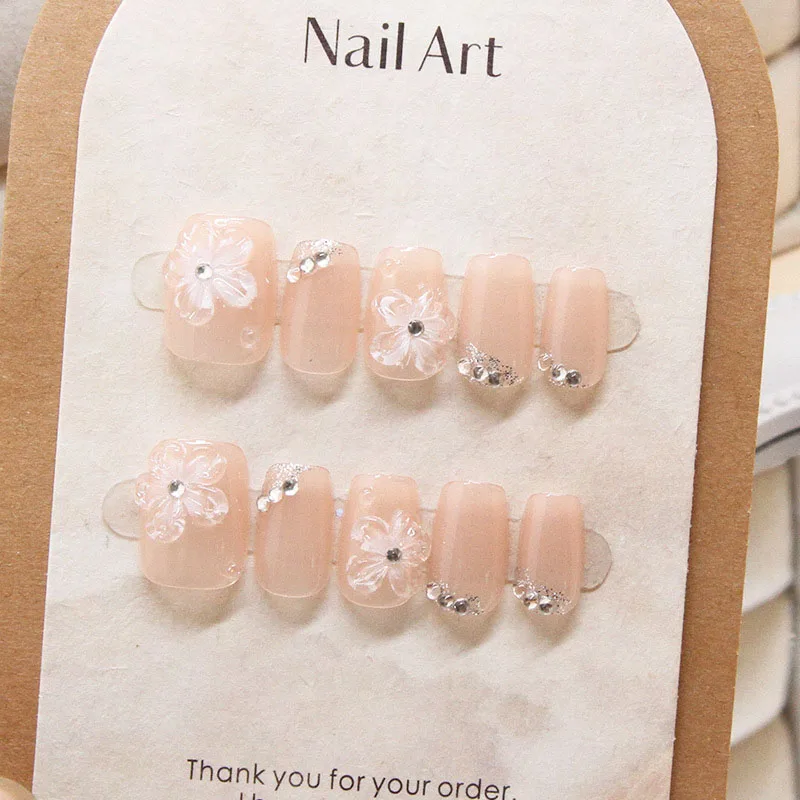 10Pcs Women Handmade Press On Nails Full Cover Flowers Design French Short Ballerina False Nails Wearable Manicure Nail Tips