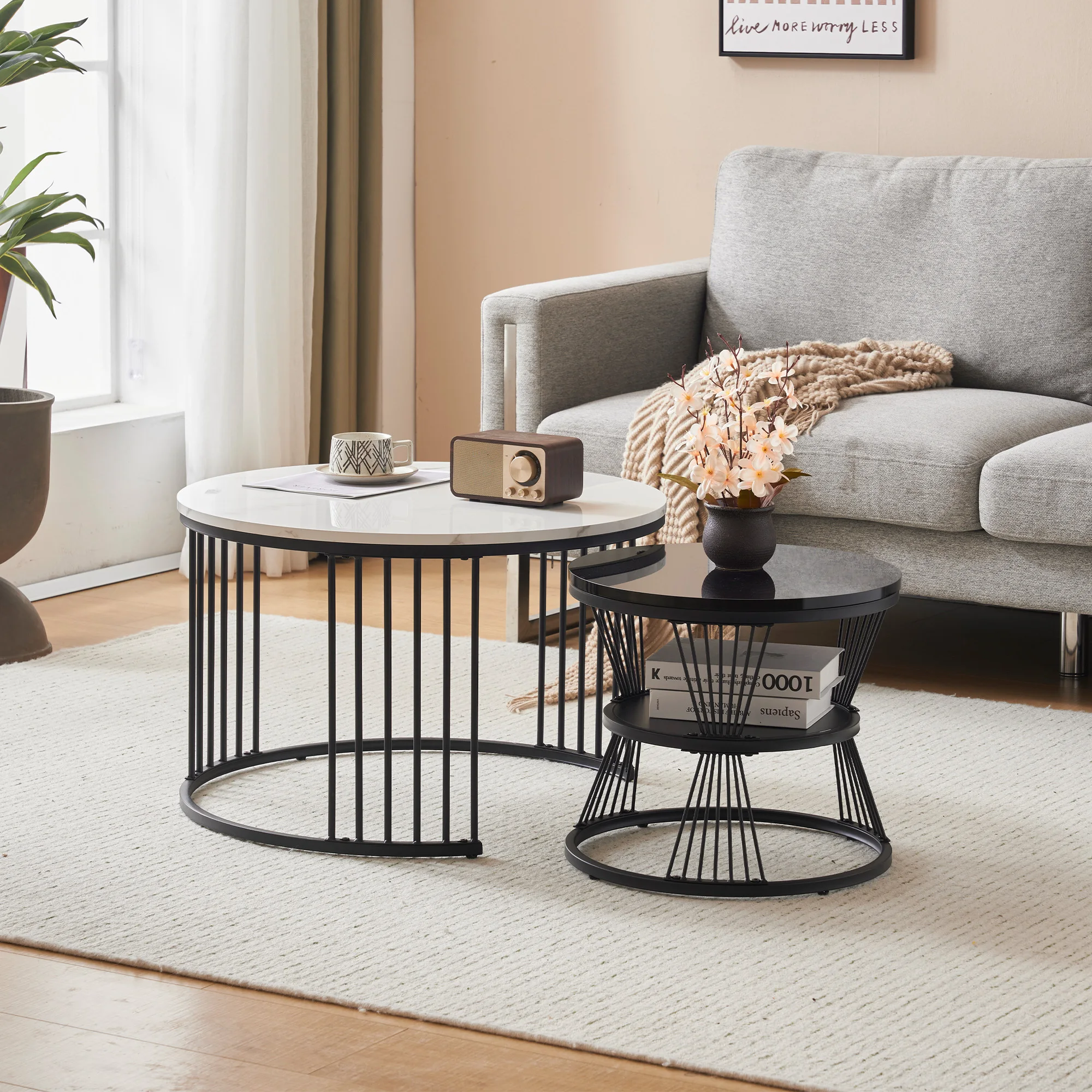 Merax Modern Nesting Coffee Table 2 Set Round Side Tables High Gloss Marble