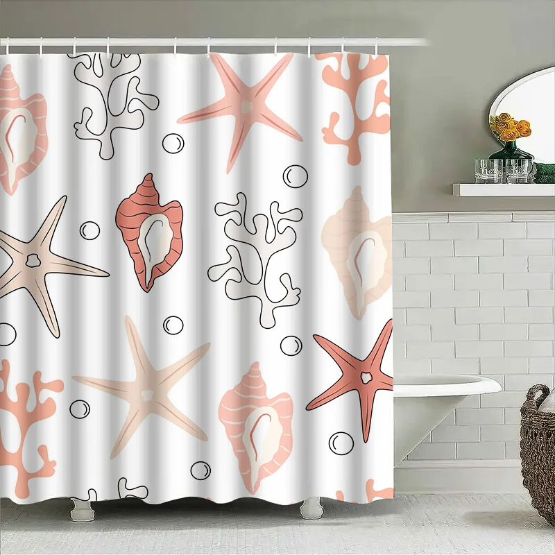 

Beach Sea Life Printed Shower Curtain Bathroom Decoration Waterproof Fabric 3D Bath Room Shower Panel Decor Pink Coral Shell Sta