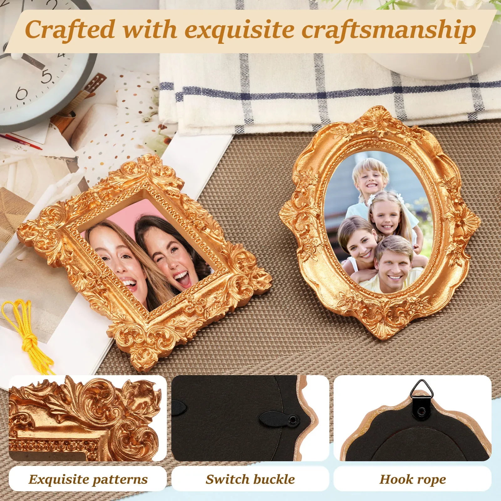 6Pcs Mini Vintage Picture Frame Wall Hanging Resin Oval Rectangle Ornament Gold Tiny Picture Frame with Hanging Cord Wall