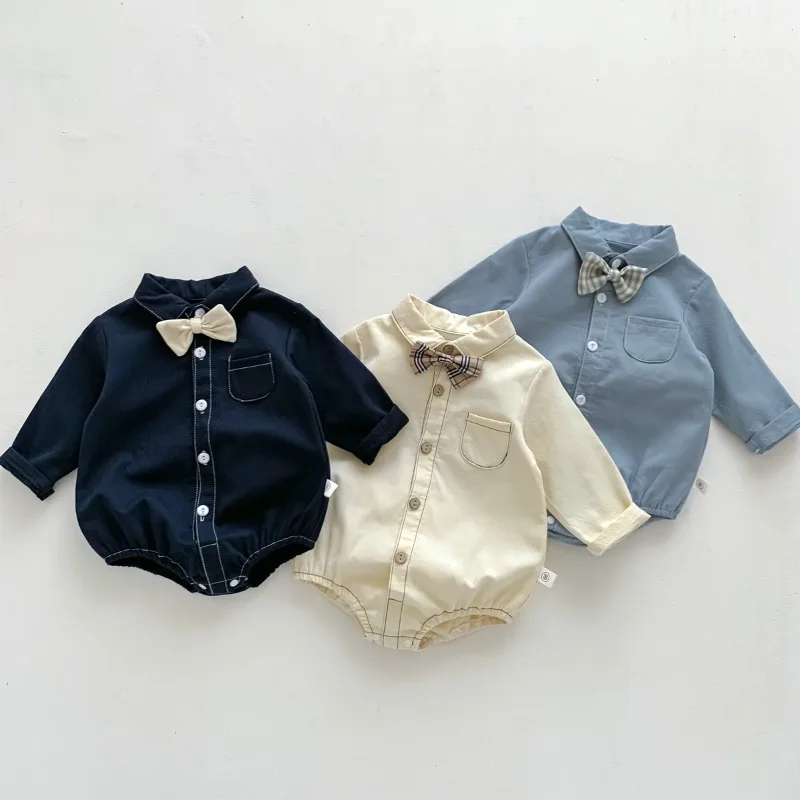 

Newborn Baby Cartoon Cotton Bow Jumpsuit Solid Color Long Sleeved Romper for 0-1 Years Boys Fashion Bodysuits