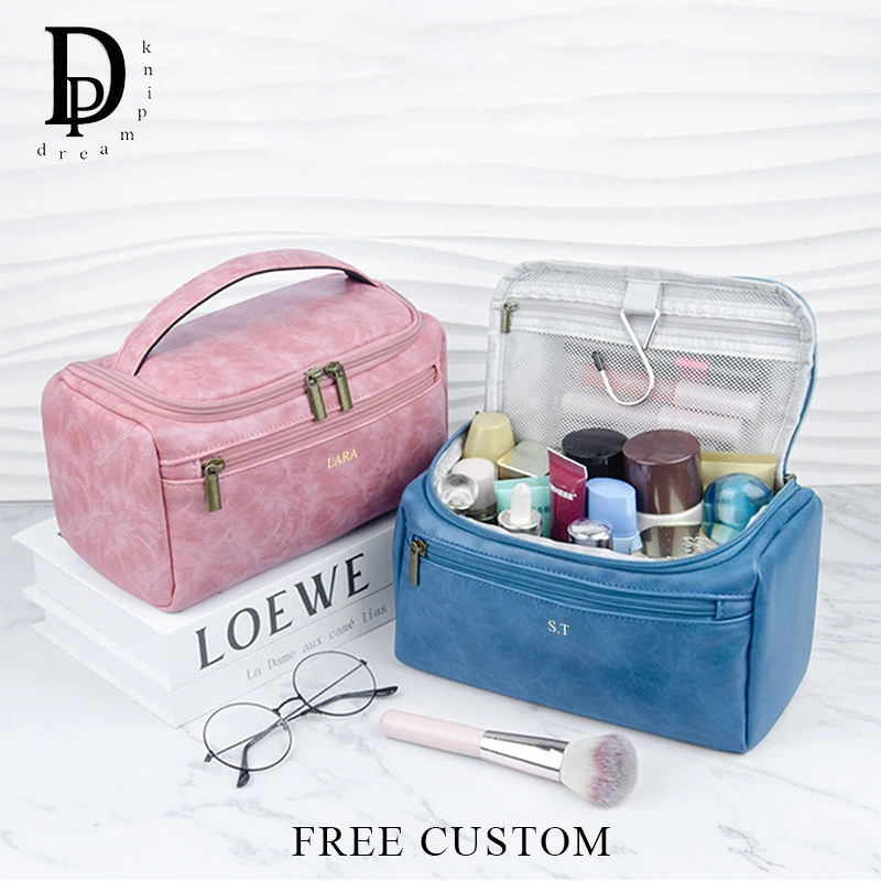 Vintage Travel Portable DIY Cosmetic Bag Large Capacity PU Leather Waterproof Make Up Bag Woman Man Toiletry Bag Storage Bags