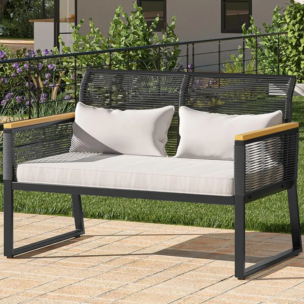 Terrace double sofa, wicker outdoor furniture, all-weather rattan conversation double sofa, used for backyard, balcony, and deck