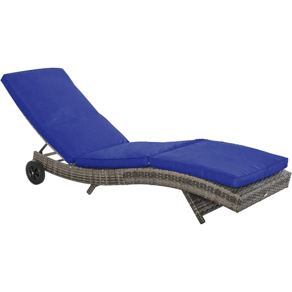 Patios Lounge Chair, Wicker Adjustable Sun Lounger with Cushion & Wheels for Easy Movement, Dark Blue