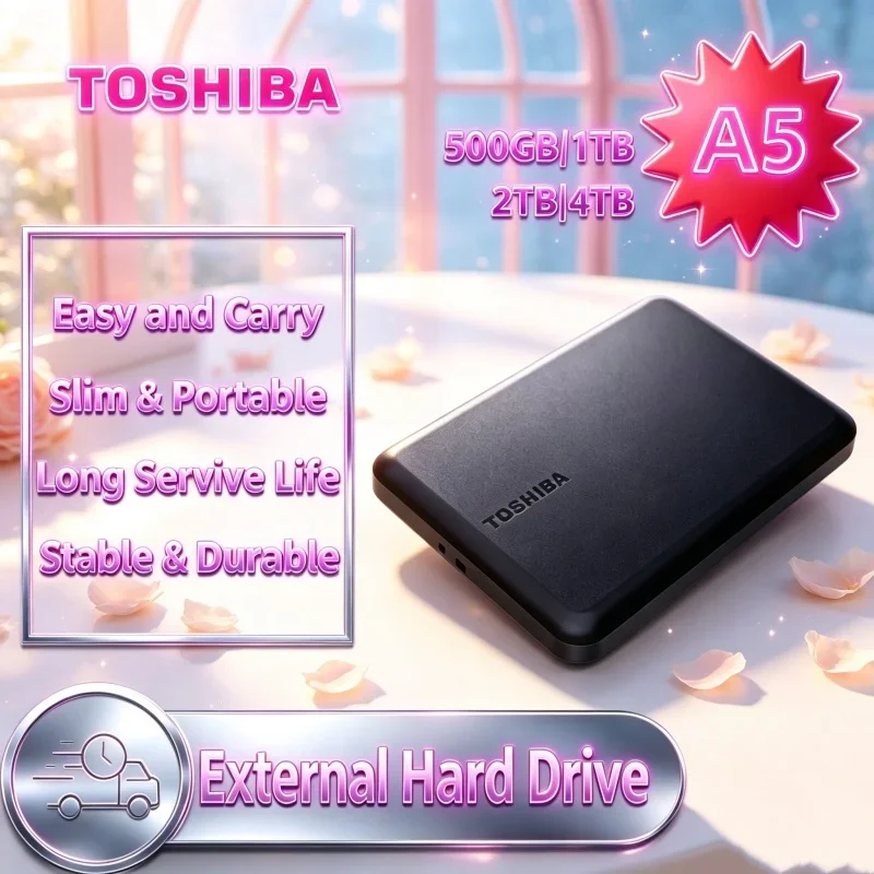 Toshiba A5 Series Small Black Portable Hard Drive Shockproof High-Speed Gen1 2TB/4TB with Mac Portable Daily Backup Storage Disk